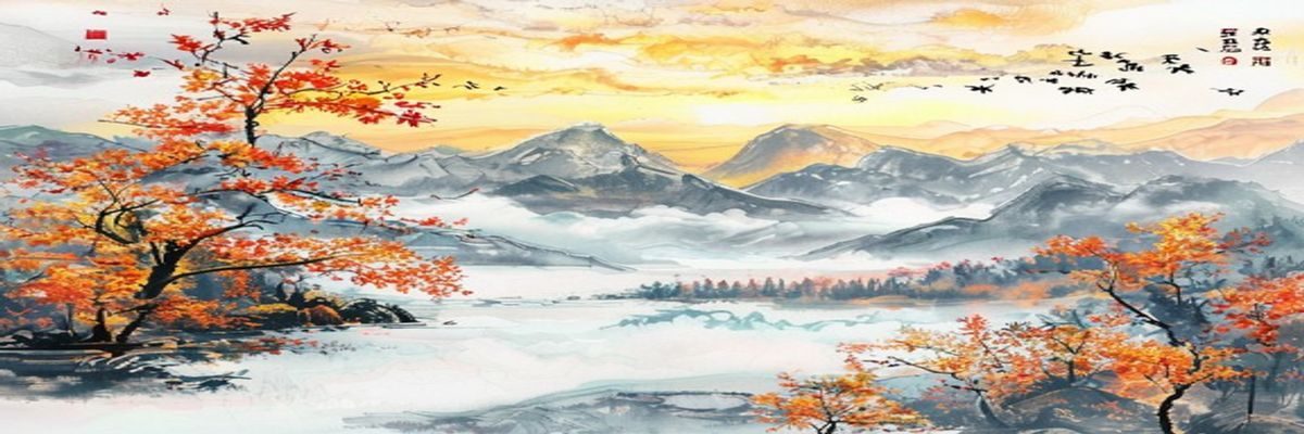 中国传统山水画风格的秋色之空意境图，远山、枫林与高远天空以水墨渲染，展现出秋色之空在东方艺术中的独特美学表达