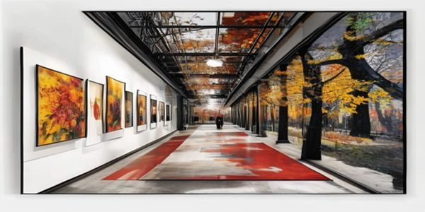 从美术馆展墙上悬挂的秋色之空摄影作品近景，画面展现出作品的构图美学与色彩层次，专业展览氛围浓厚
