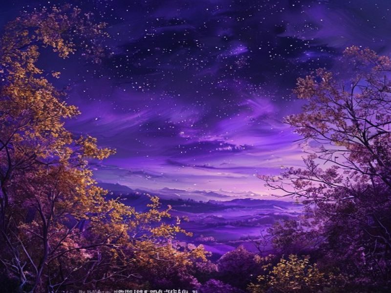 深紫夜空与金色秋叶交织的秋色之空全景，仰拍视角呈现出天空无尽的高远感，霓虹紫调光线将整片天幕渲染成梦幻意境