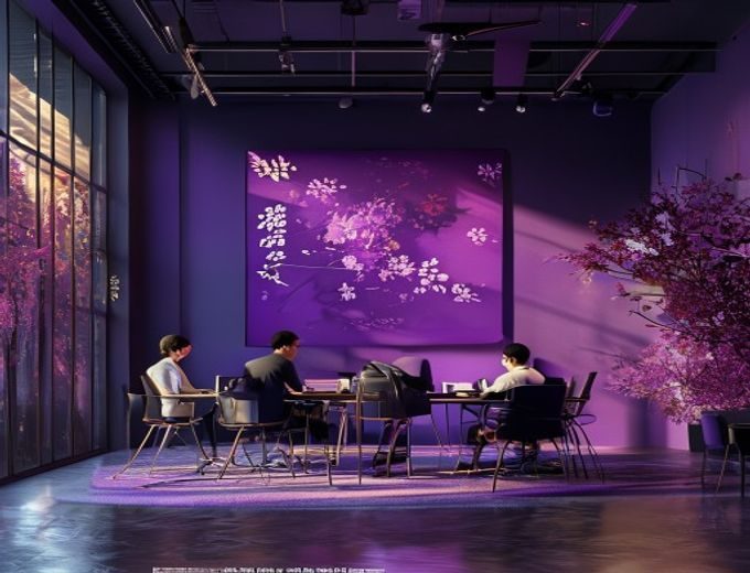 秋色之空品牌视觉团队在现代化工作室内进行创意讨论，深紫色调的灯光映照着大幅数字艺术作品，氛围专注而充满创造力