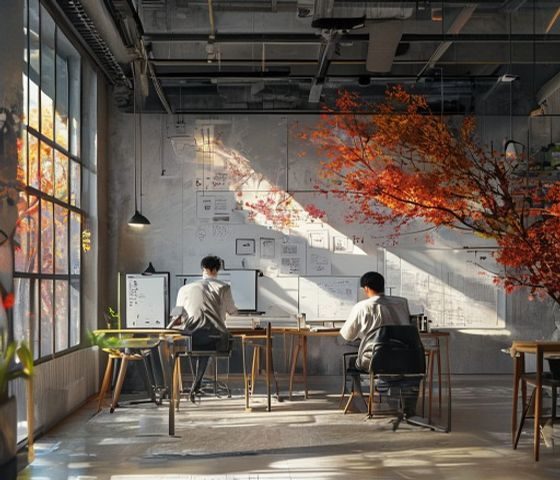 秋色之空工作室内景，设计师正在大屏幕前审视品牌视觉方案，墙面挂满色彩丰富的创意草稿，整体氛围沉静专注