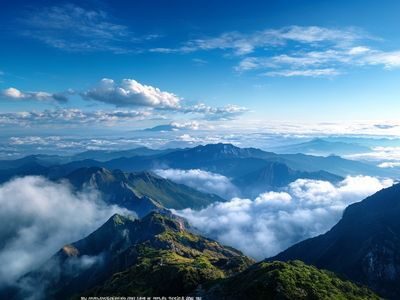高山之巅俯瞰的秋色之空，云海在山腰翻腾，峰顶直插蓝天，苍茫壮阔的气势令人屏息，光线冷峻而有力